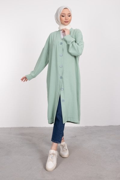 Boydan Düğmeli Oversize Tesettür Tunik Su Yeşili