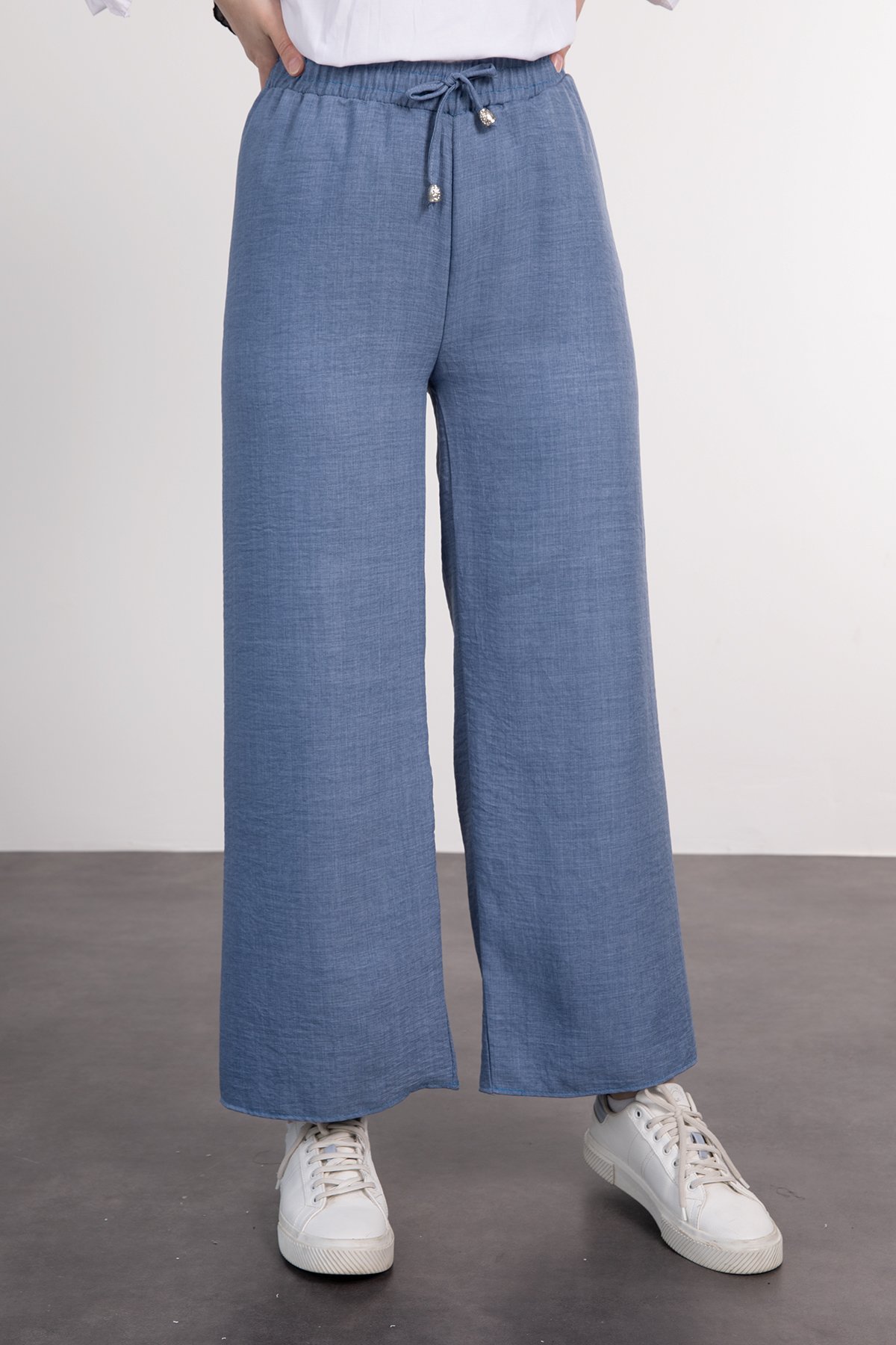 Beli Bağcıklı Geniş Rahat Kesim Tesettür Pantolon İndigo