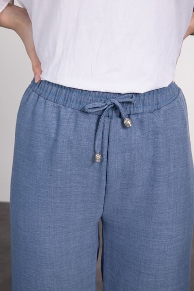 Beli Bağcıklı Geniş Rahat Kesim Tesettür Pantolon İndigo