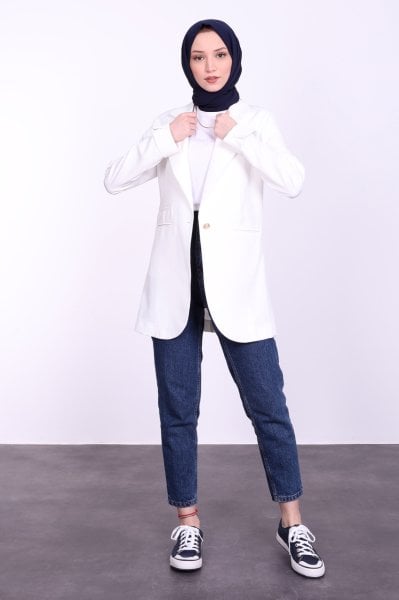 Gold Düğmeli Blazer Ceket Beyaz