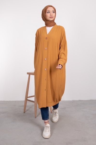 Boydan Düğmeli Oversize Tesettür Tunik Hardal