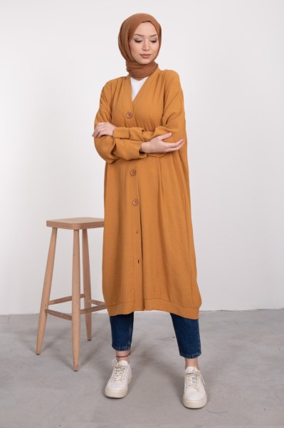 Boydan Düğmeli Oversize Tesettür Tunik Hardal