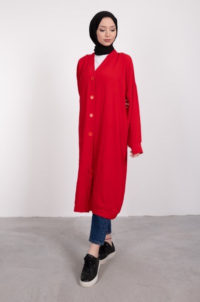 Boydan Düğmeli Oversize Tesettür Tunik Kırmızı