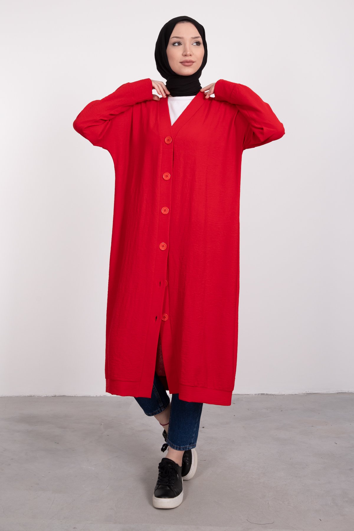 Boydan Düğmeli Oversize Tesettür Tunik Kırmızı