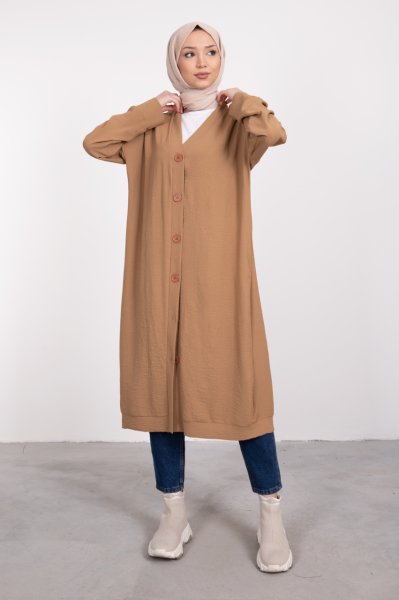 Boydan Düğmeli Oversize Tesettür Tunik Karamel