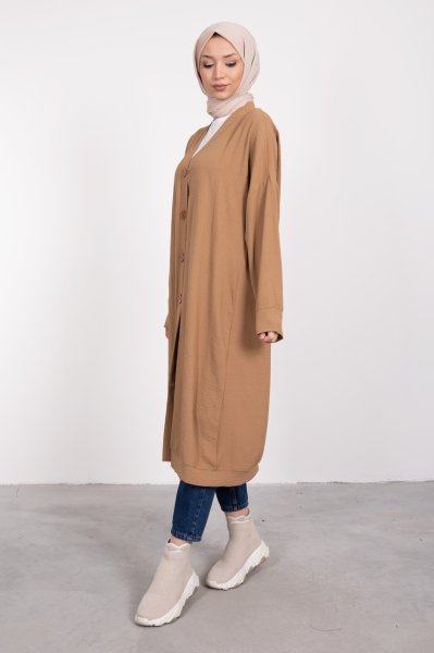 Boydan Düğmeli Oversize Tesettür Tunik Karamel