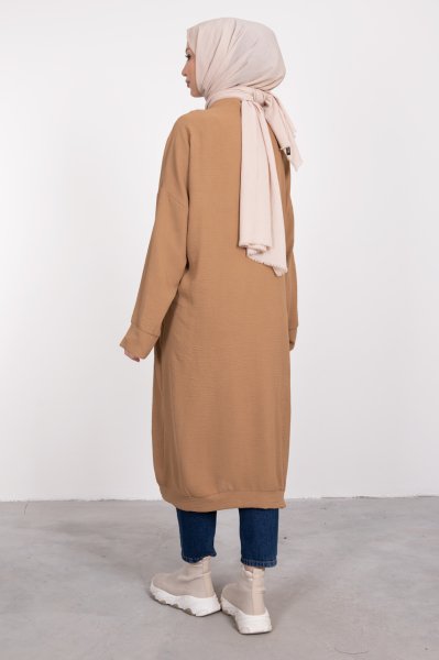 Boydan Düğmeli Oversize Tesettür Tunik Karamel