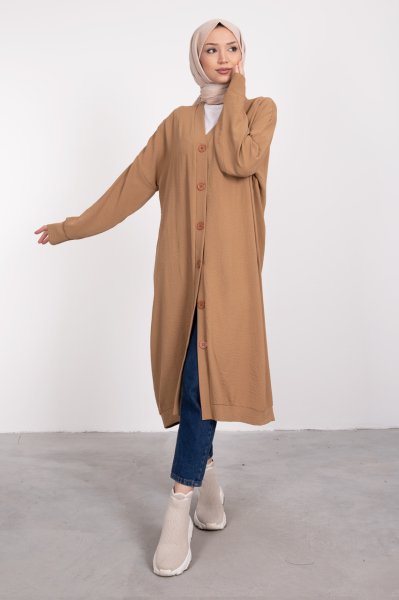 Boydan Düğmeli Oversize Tesettür Tunik Karamel