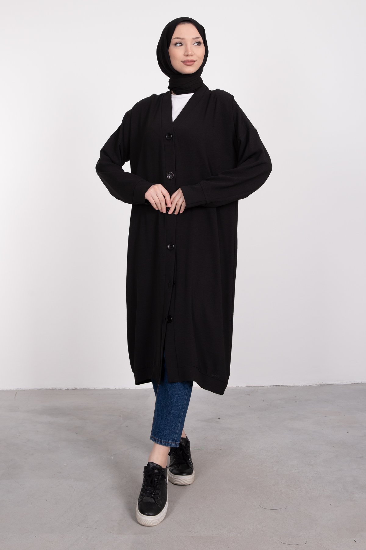 Boydan Düğmeli Oversize Tesettür Tunik Siyah