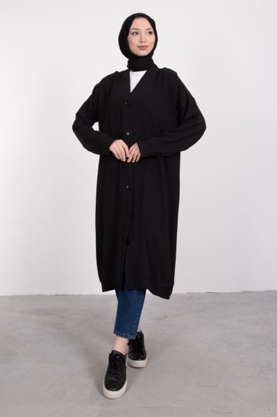 Boydan Düğmeli Oversize Tesettür Tunik Siyah