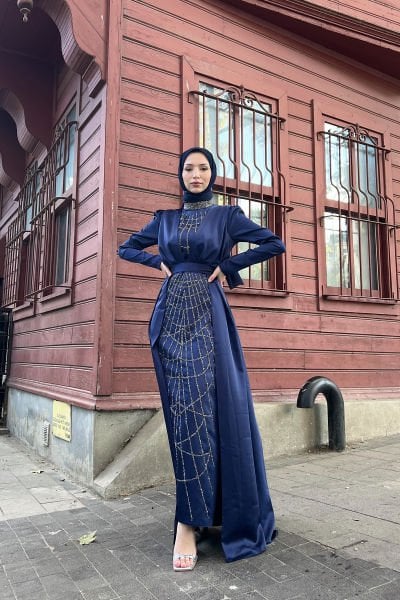 İçi Ağ Desenli Simli Işıltılı Tesettür Abiye Lacivert
