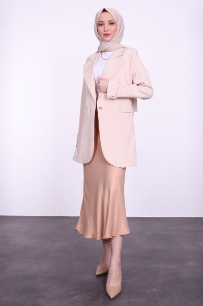 Gold Düğmeli Blazer Ceket Krem