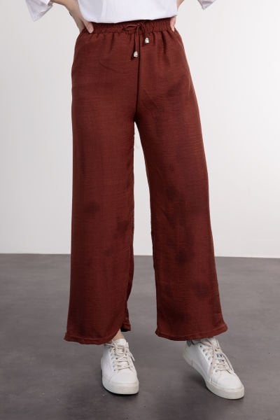 Beli Bağcıklı Geniş Rahat Kesim Tesettür Pantolon Tarçın