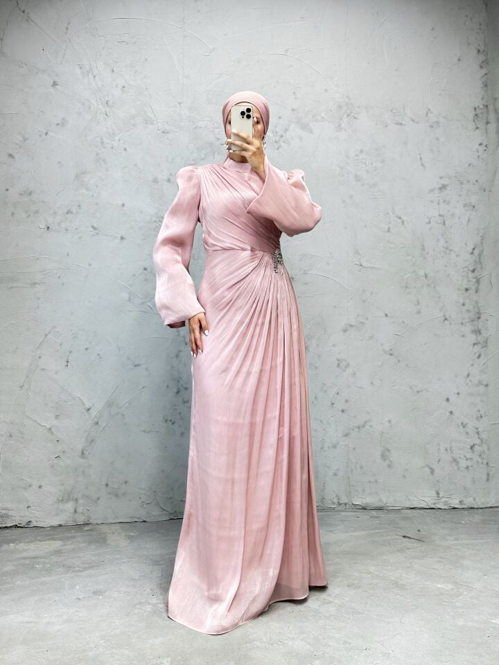 Volan Kol Drapeli Janjan Tesettür Abiye Pembe