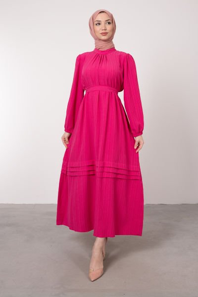 Eteği Mini 3 Katlı Kuşaklı Tesettür Elbise Pembe