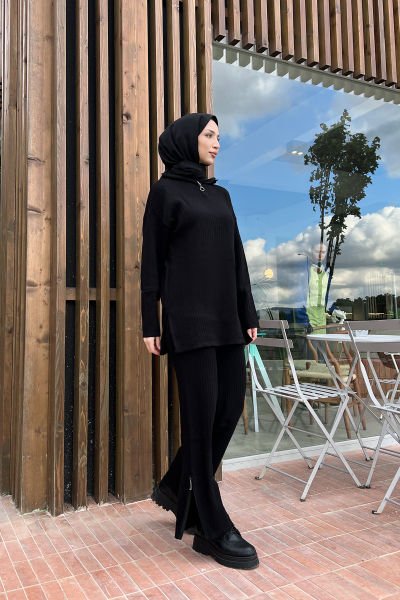 Tunik ve Pantolon Fermuar Detaylı Triko Tesettür Takım Siyah