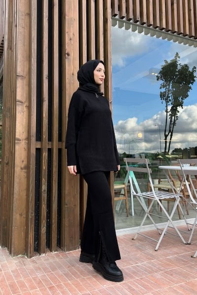 Tunik ve Pantolon Fermuar Detaylı Triko Tesettür Takım Siyah