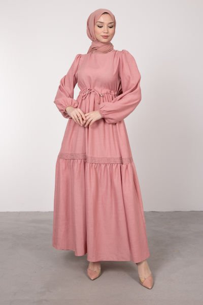 Kat Dantel Motifli Tesettür Elbise Pembe