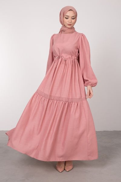 Kat Dantel Motifli Tesettür Elbise Pembe