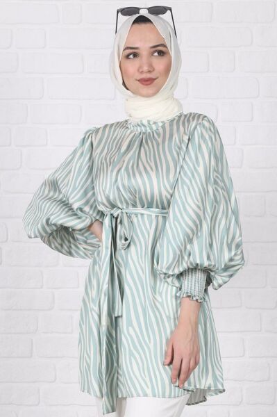 Zebra Desenli Balon Kol Tunik Yeşil