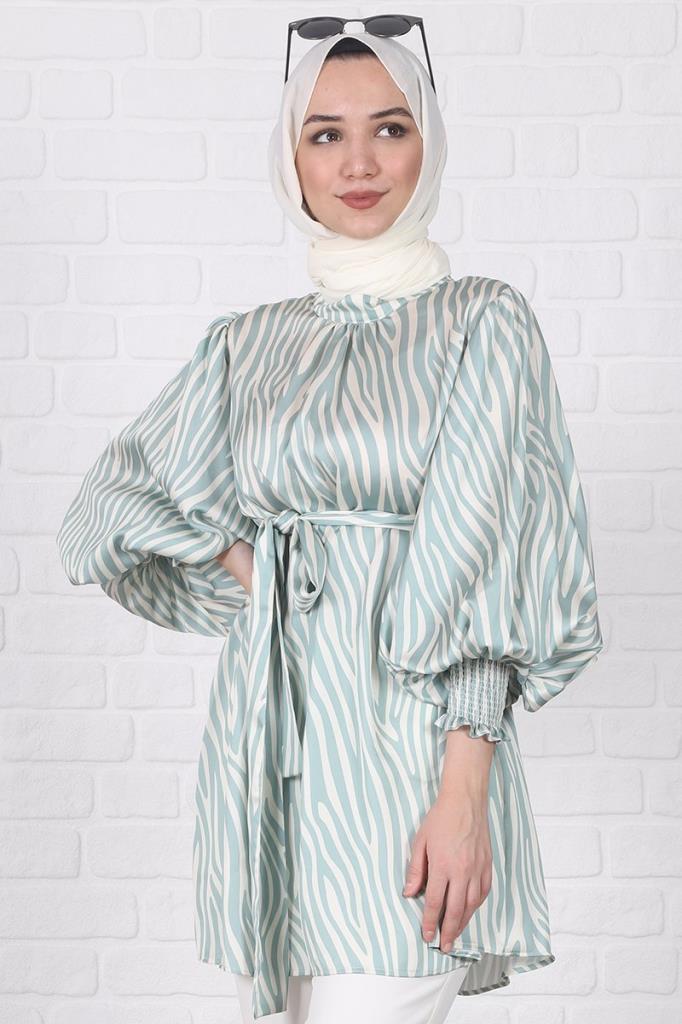 Zebra Desenli Balon Kol Tunik Yeşil