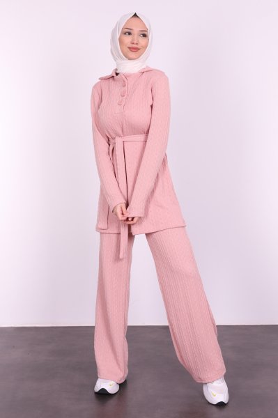 Örgü Desenli Tesettür Triko Takım Pembe