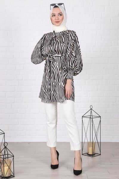 Zebra Desenli Balon Kol Tunik Siyah