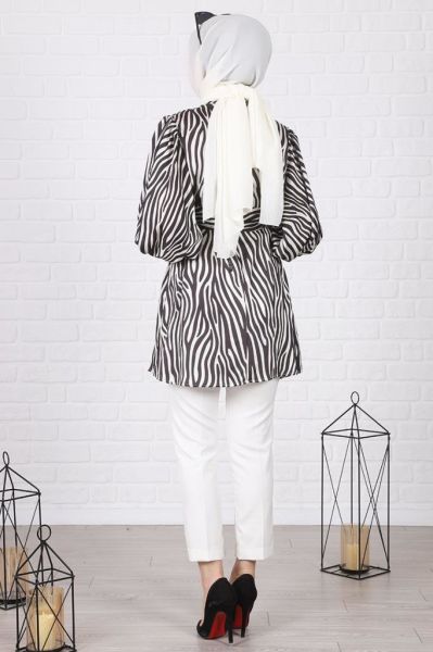 Zebra Desenli Balon Kol Tunik Siyah