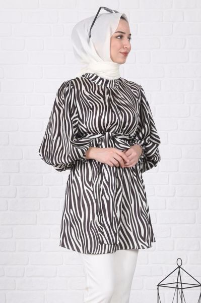 Zebra Desenli Balon Kol Tunik Siyah