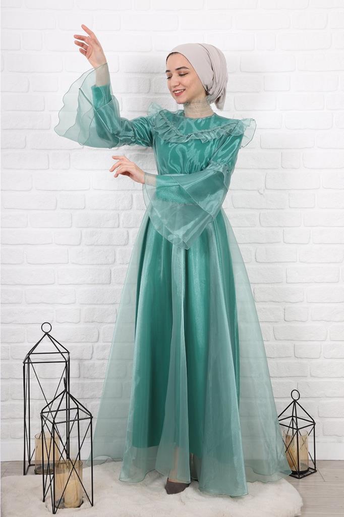 Kolları Fırfırlı Organze Tesettür Elbise Su Yeşili