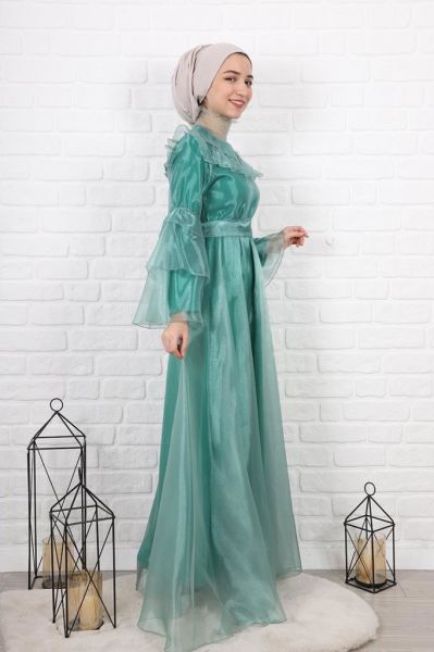 Kolları Fırfırlı Organze Tesettür Elbise Su Yeşili