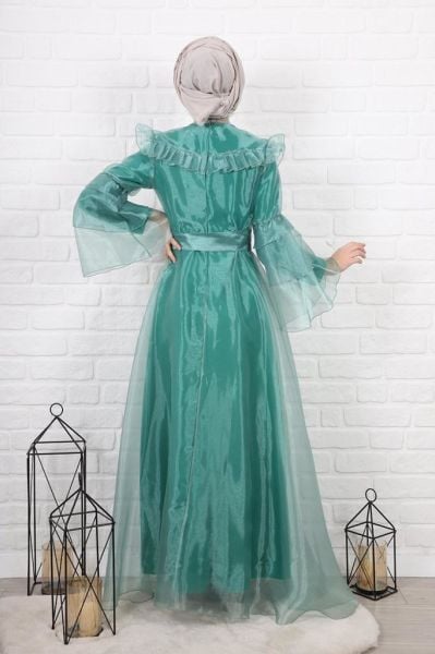 Kolları Fırfırlı Organze Tesettür Elbise Su Yeşili