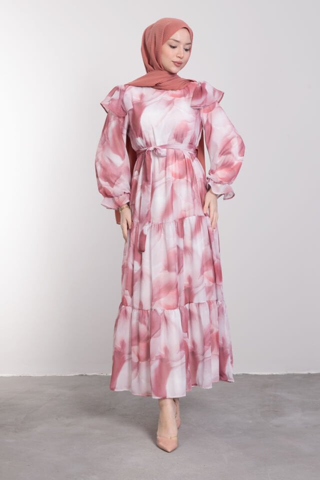 Rüya Desenli Omuz Fırfırlı Şifon Tesettür Abiye Gül Pembe