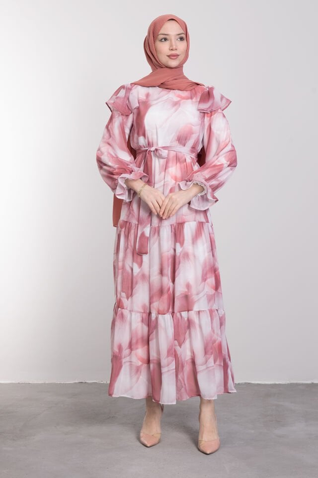 Rüya Desenli Omuz Fırfırlı Şifon Tesettür Abiye Gül Pembe
