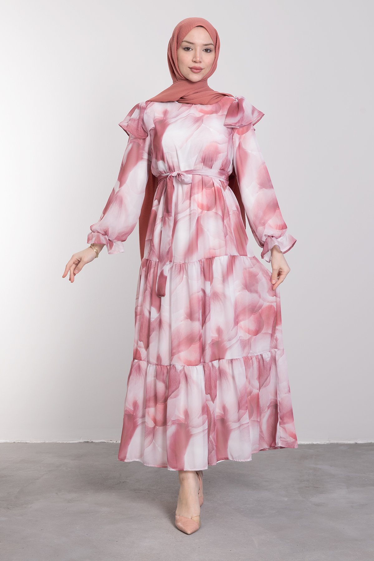 Rüya Desenli Omuz Fırfırlı Şifon Tesettür Abiye Gül Pembe
