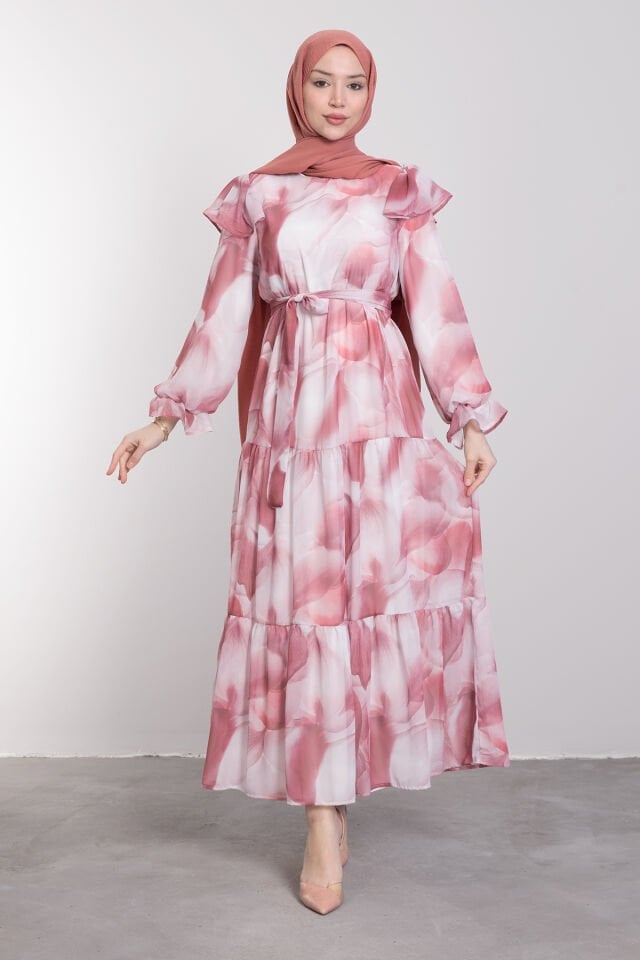 Rüya Desenli Omuz Fırfırlı Şifon Tesettür Abiye Gül Pembe