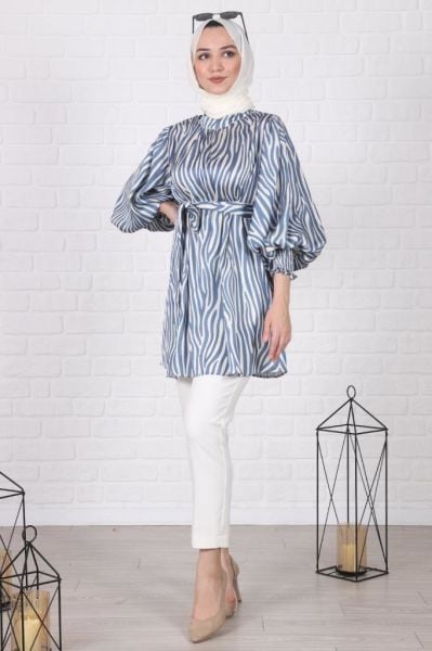 Zebra Desenli Balon Kol Tunik Mavi