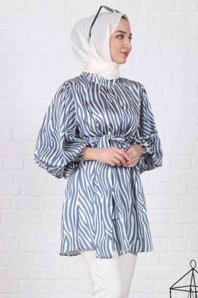 Zebra Desenli Balon Kol Tunik Mavi