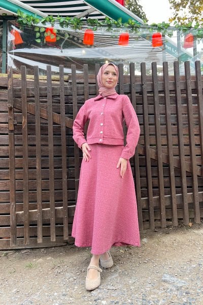 Simli Madalyon Düğmeli Tüvit Tesettür Takım Pembe