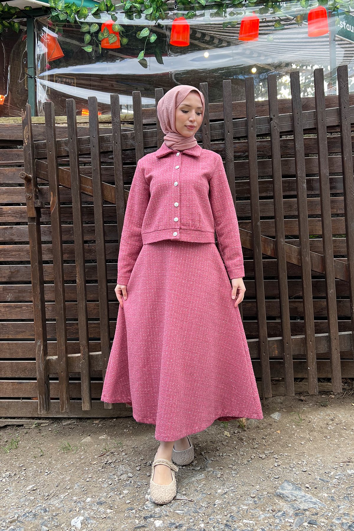 Simli Madalyon Düğmeli Tüvit Tesettür Takım Pembe