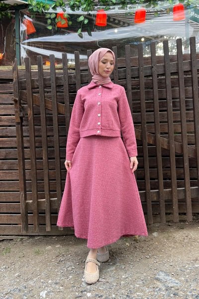 Simli Madalyon Düğmeli Tüvit Tesettür Takım Pembe