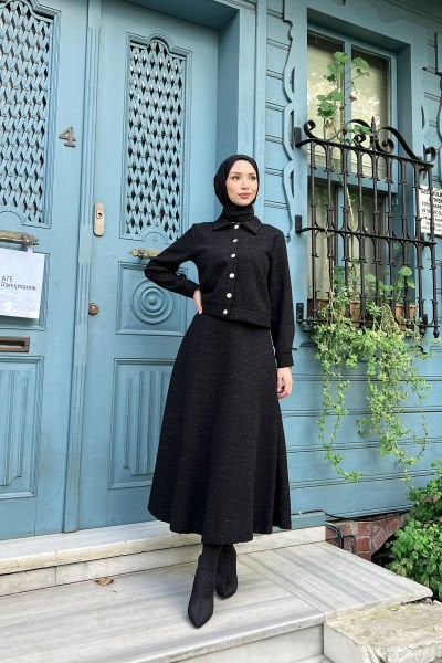 Simli Madalyon Düğmeli Tüvit Tesettür Takım Siyah