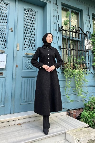 Simli Madalyon Düğmeli Tüvit Tesettür Takım Siyah