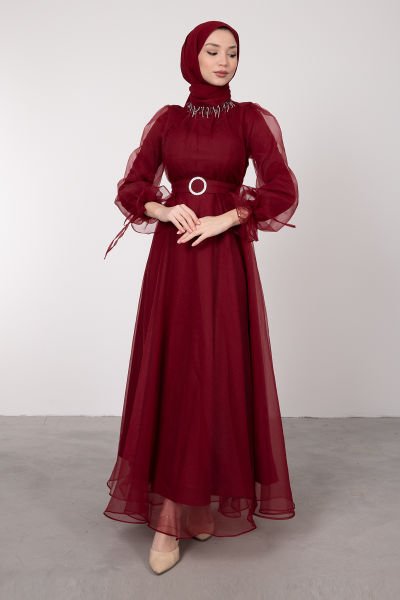 Yakası Boncuk ve Taş İşlemeli Organze Prenses Abiye Bordo
