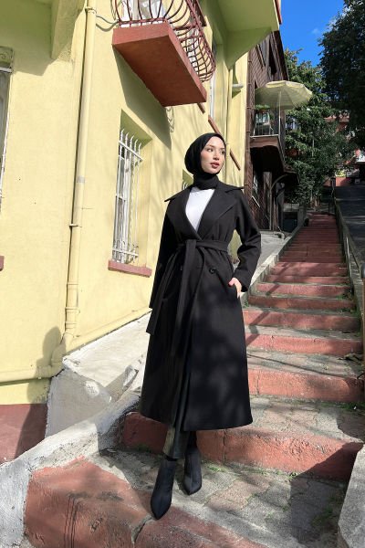 Klasik Ceket Yaka Kalın Tesettür Kaşe Kaban Siyah