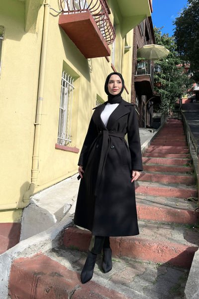 Klasik Ceket Yaka Kalın Tesettür Kaşe Kaban Siyah