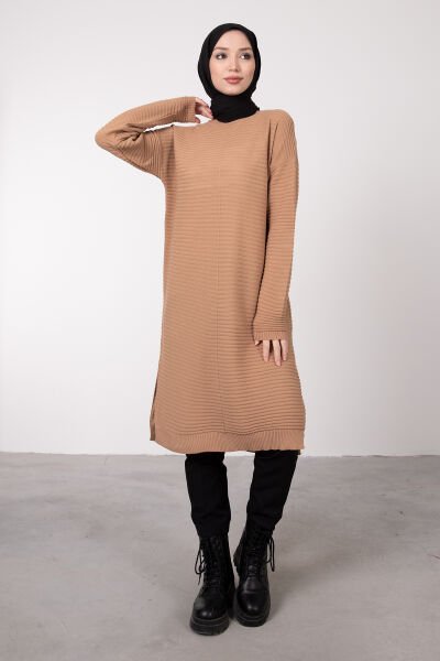 Şeritli Dokulu Oversize Kesim Tesettür Tunik Karamel