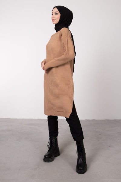 Şeritli Dokulu Oversize Kesim Tesettür Tunik Karamel