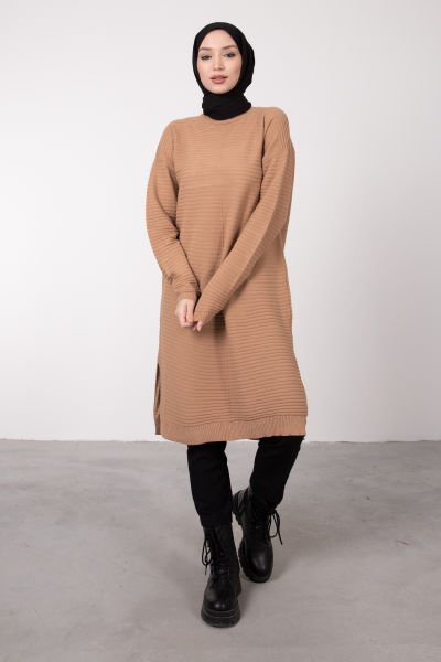 Şeritli Dokulu Oversize Kesim Tesettür Tunik Karamel