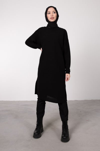 Şeritli Dokulu Oversize Kesim Tesettür Tunik Siyah